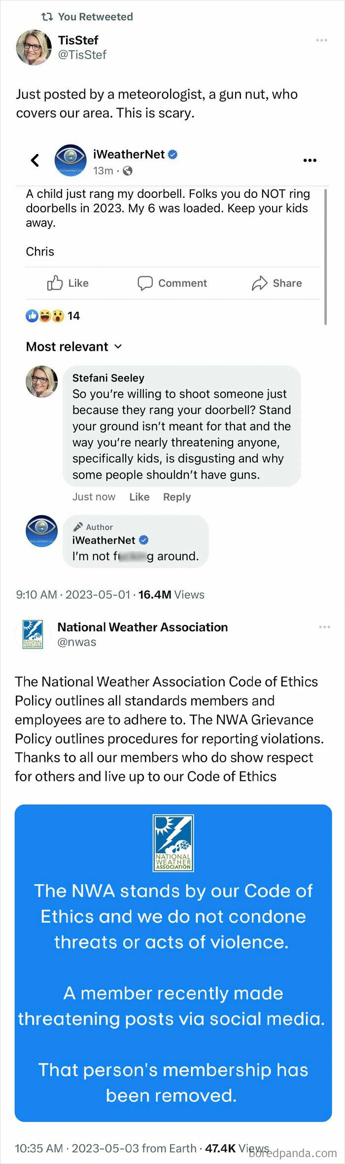 Screenshot of a meteorologist facing job loss after making threats on social media, illustrating consequences of stupidity.