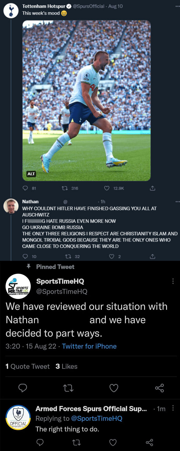 Screenshot of a Twitter thread showing an employee fired for offensive comments, illustrating consequences of stupidity and job loss.