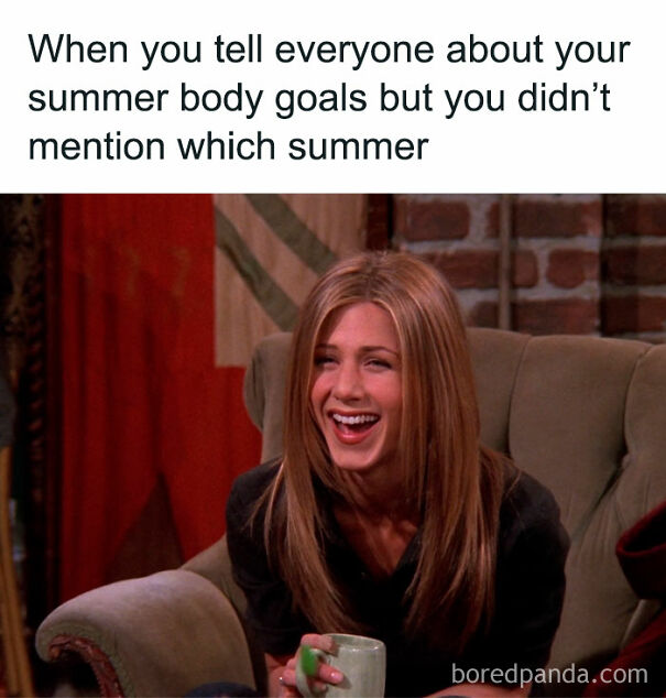 Woman laughing while holding a cup meme about summer body goals, featuring funny summer memes to laugh at outdoors.