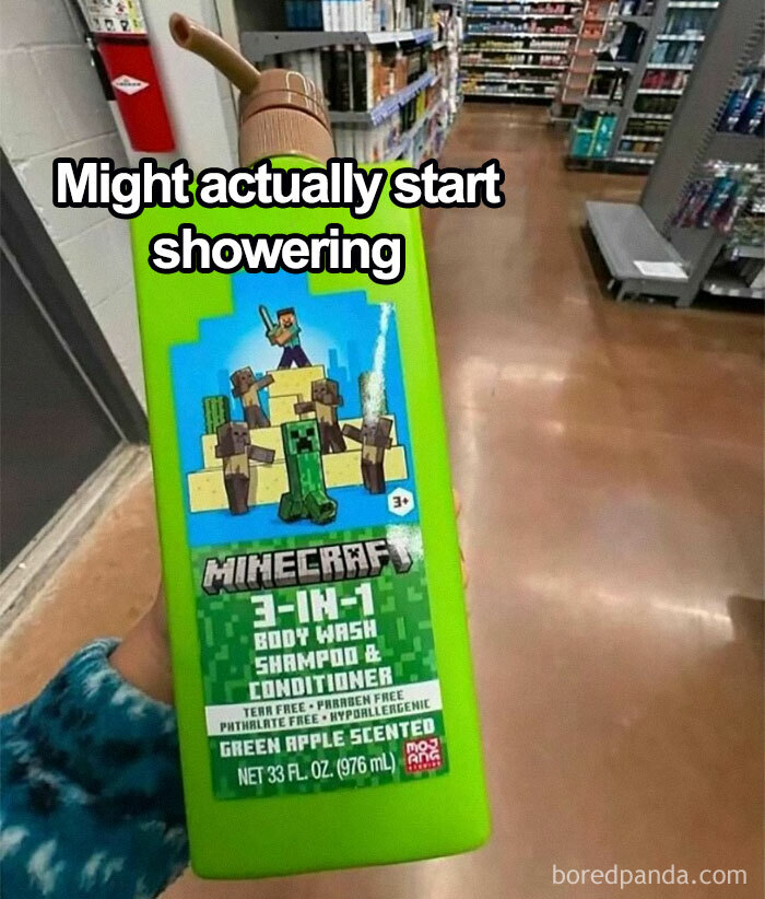 Minecraft 3-in-1 body wash shampoo and conditioner bottle with nerdy meme text about starting to shower.