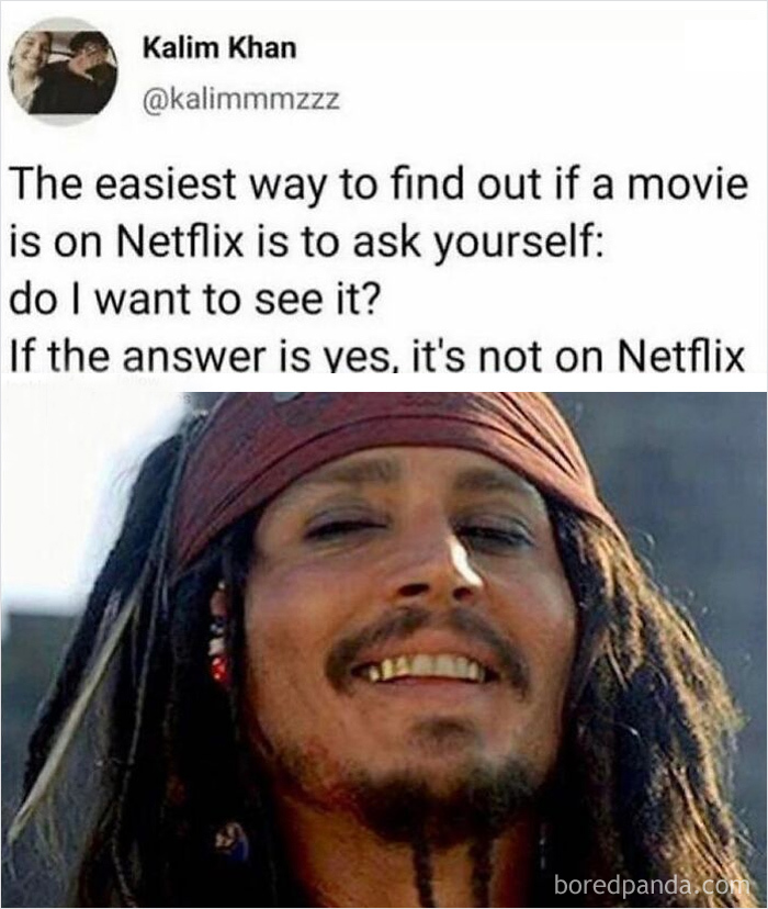 Netflix humor meme showing a pirate smiling with a caption about movies not being on Netflix if you want to see them.