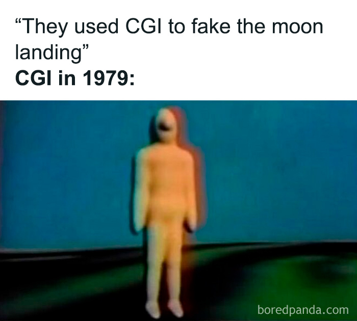 Blurry retro CGI figure from 1979 humorously illustrating the evolution of weird and unhinged humor memes.