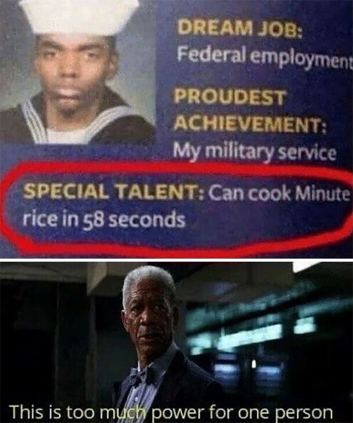 Man in Navy uniform with caption about cooking Minute rice in 58 seconds, meme illustrating weird and unhinged humor style.
