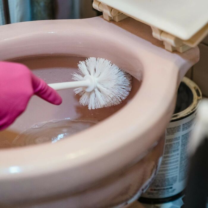 Toilet being scrubbed with a brush, illustrating items found in or on patients that shocked medical professionals.