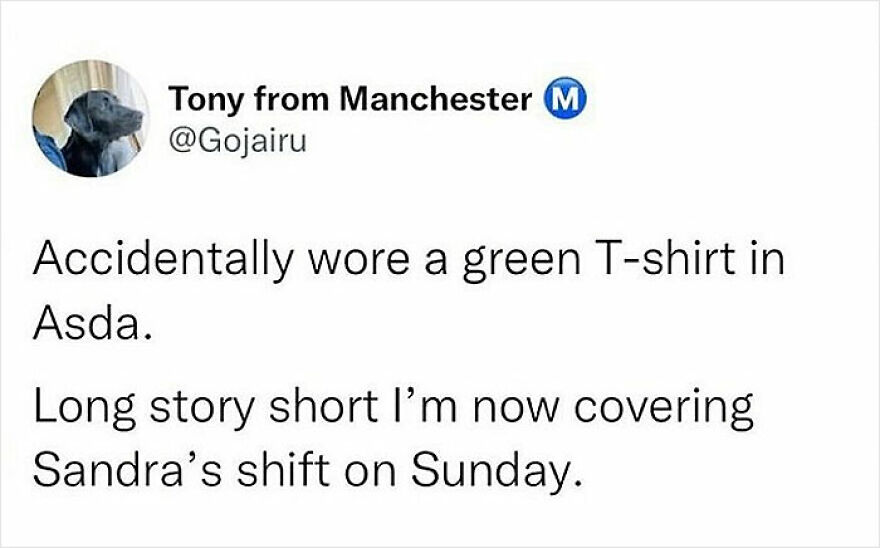 Tweet about accidentally wearing a green shirt in Asda, highlighting British humor and daily memes.