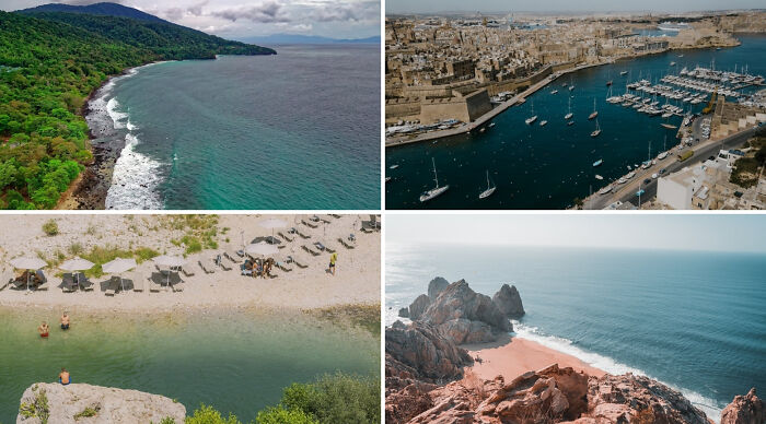 A collage of scenic vacation destination poll images featuring beaches, coastline, boats, and rocky shorelines.