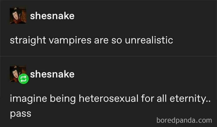 Social media post humor about vampires and heterosexuality in an LGBTQ+ memes collection.