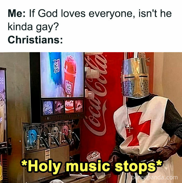 Meme showing a knight in armor and text reacting to a question about God and sexuality on an LGBTQ+ memes Instagram page.