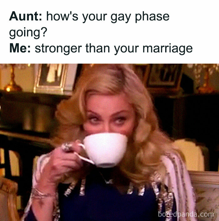 Person sipping tea with text about a gay phase, highlighting LGBTQ+ memes humor and relatable content on an IG page.