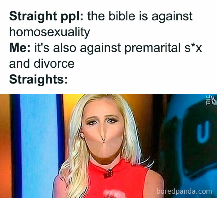 Meme featuring LGBTQ+ humor comparing biblical views on homosexuality and premarital s*x with a distorted facial reaction.