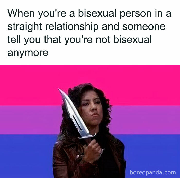 Bisexual person holding a knife with a serious expression, over a bisexual pride flag background, LGBTQ+ memes content.