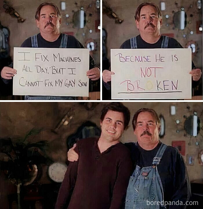 Man holding signs about his gay son and support, illustrating LGBTQ+ memes and acceptance in a heartfelt Instagram post.