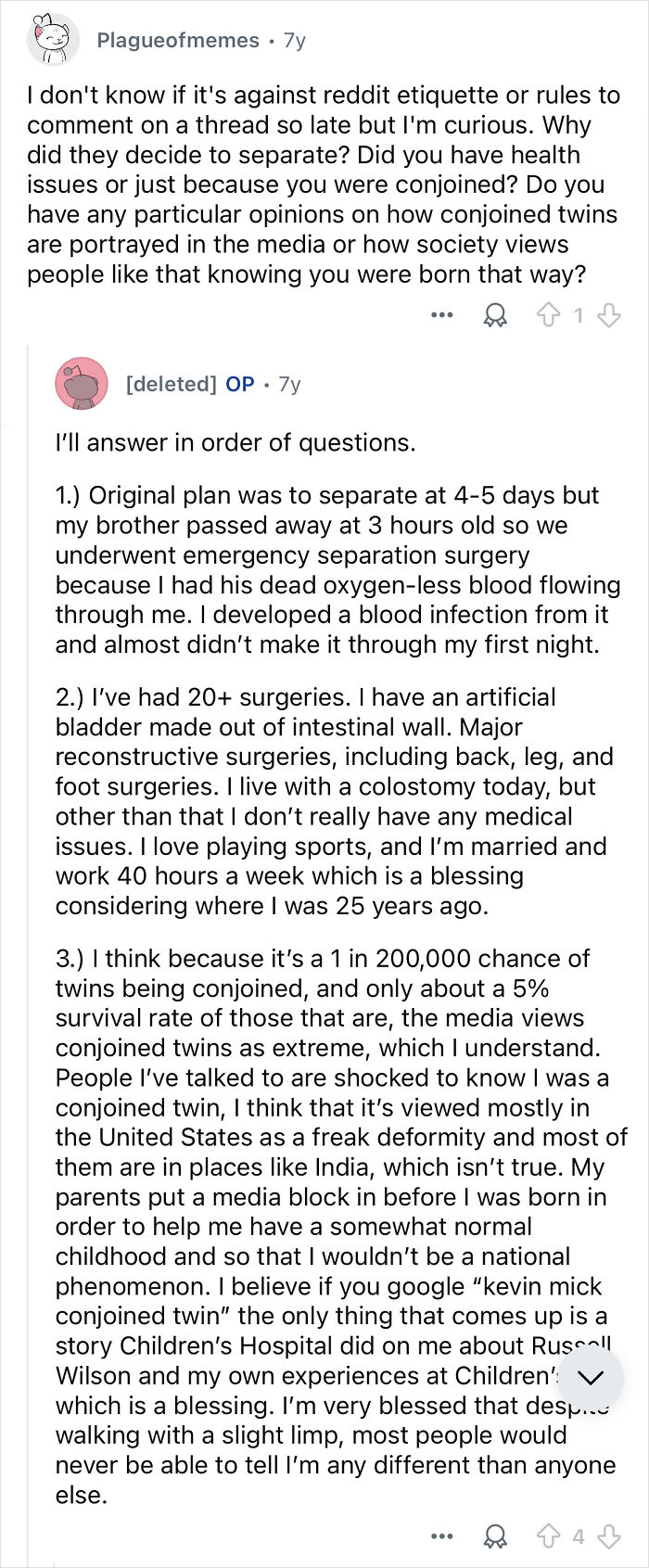 Reddit thread where conjoined twins answer questions about separation, surgeries, and media portrayal of conjoined twins.