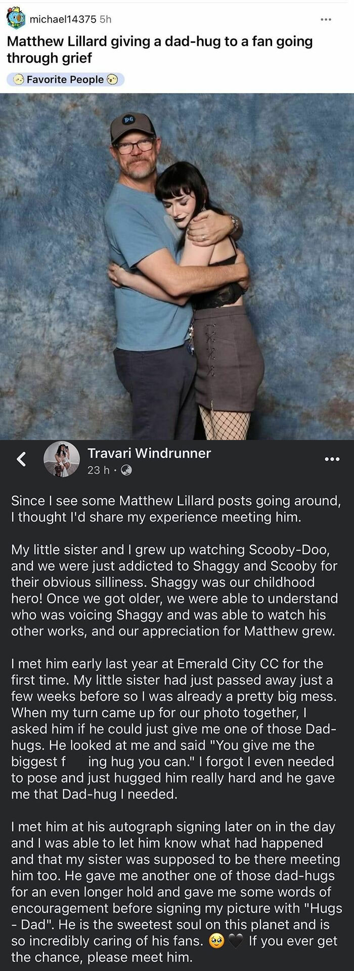 Matthew Lillard hugging a fan, evoking nostalgic memories for those who grew up with Tamagotchis and VHS tapes.