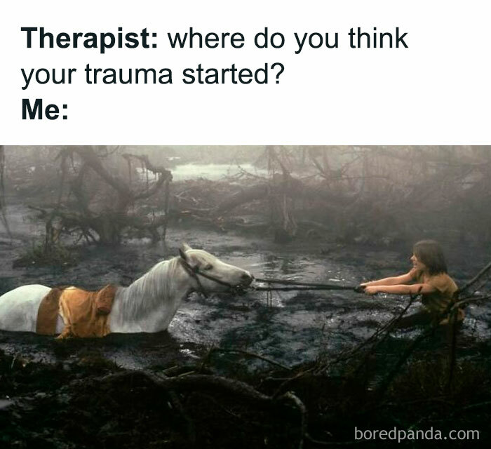 Meme showing a person and horse stuck in mud symbolizing trauma, fitting nostalgia of memes with Tamagotchis and VHS tapes.