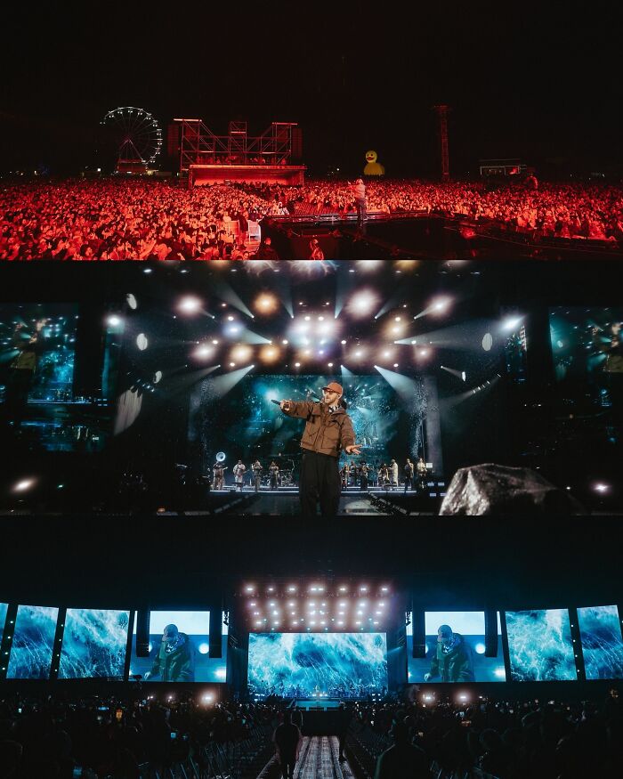Large crowd at Justin Timberlake's Romania concert, with stage lights and the artist performing during a viral show event.