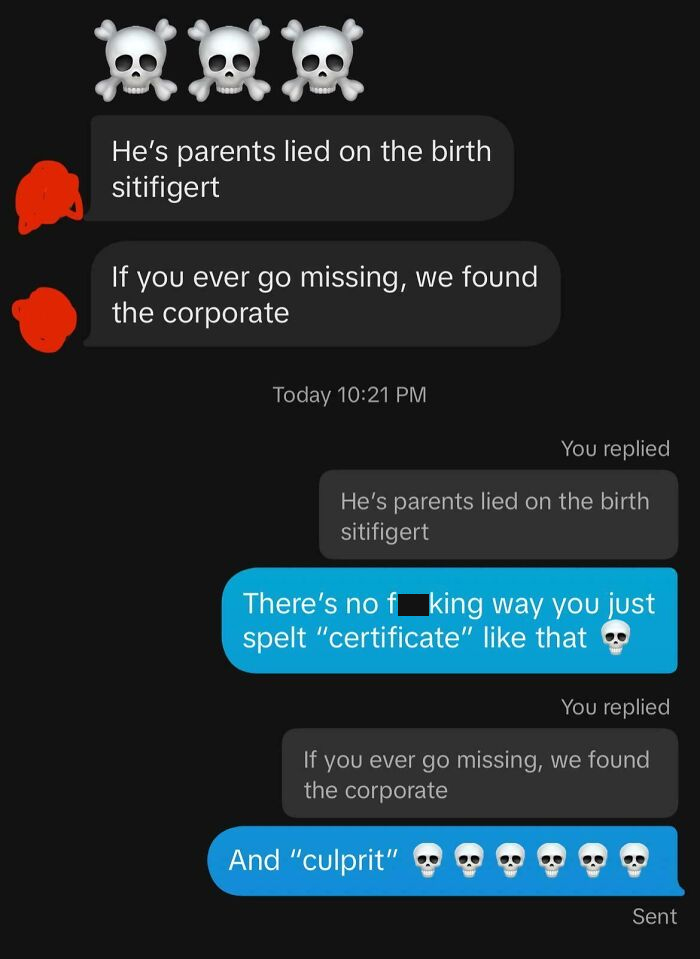 Chat messages highlighting funny typos and spelling errors with skull emojis illustrating humor about typos.