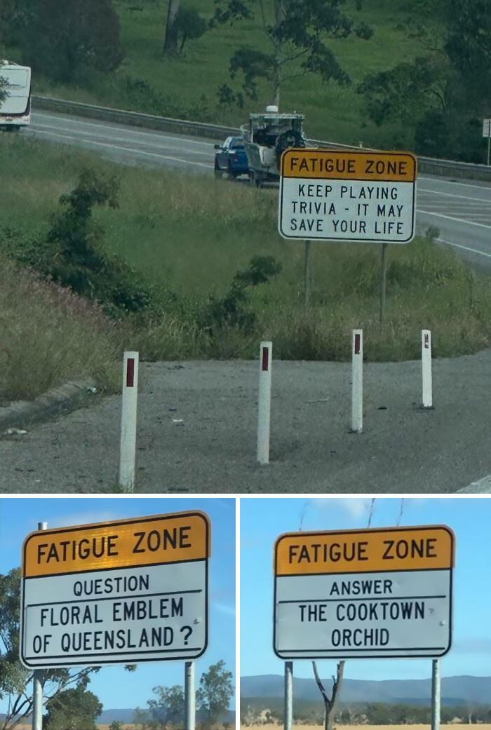 Road signs in a fatigue zone featuring trivia questions to keep drivers alert, a small genius idea from some countries.
