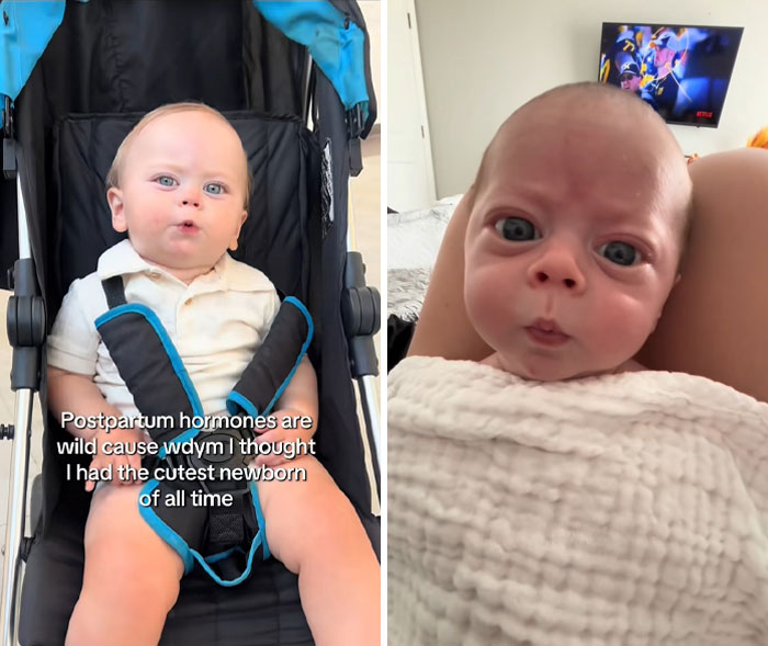 Two newborn babies with wide eyes, illustrating the impact of postpartum hormones on new mothers.