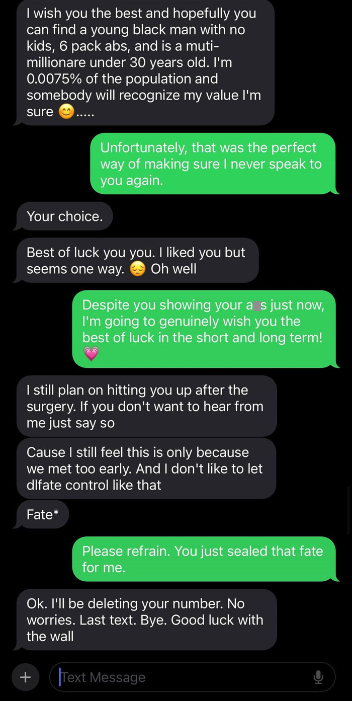 Text message exchange showing challenges of finding love online with misunderstandings and mixed emotions in digital dating conversation.