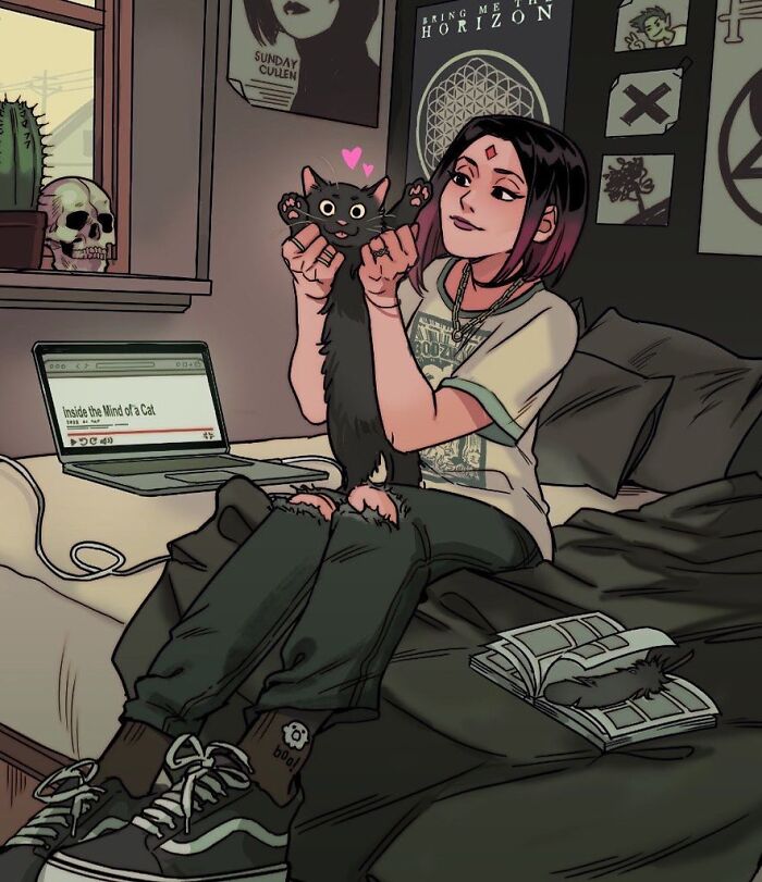 Young woman holding a cat in her room, capturing Gabriel Picolo’s Teen Titans relatable young heroes through visual storytelling.
