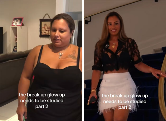 Side-by-side comparison showing the breakup glow-up effect transformation in appearance and style indoors.