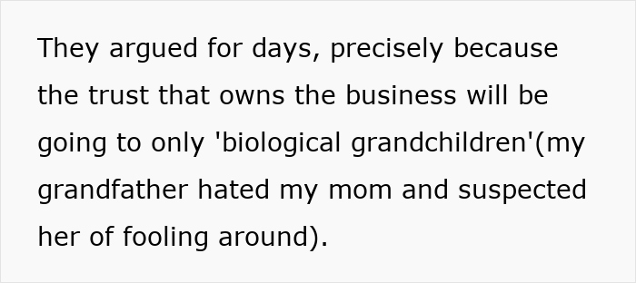 Text excerpt discussing family trust conflicts over biological grandchildren after DNA results reveal illegitimate son. Text excerpt discussing family trust conflicts over biological grandchildren after DNA results reveal illegitimate son.
