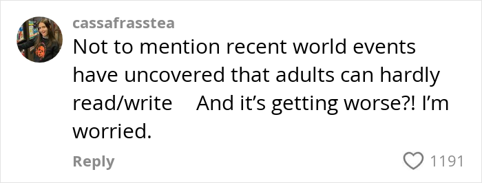 Comment expressing concern over the worsening literacy crisis as adults struggle to read and write in the US.