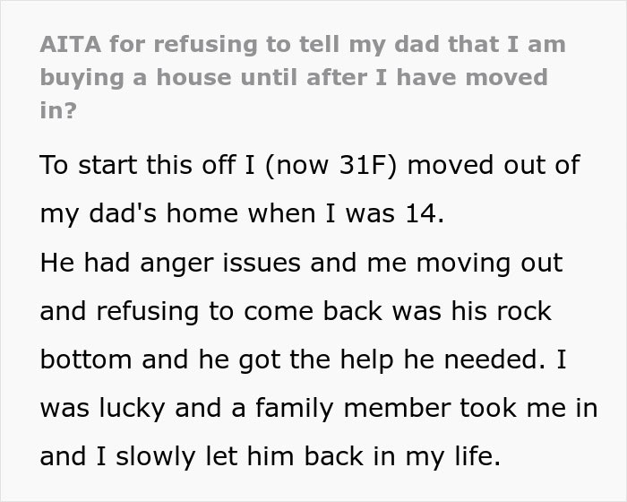 Text excerpt about a woman who doesn't share important news with her dad after past conflicts and regrets her decision.