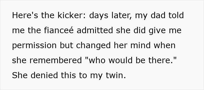 Text about a gay man spending money to attend twin&rsquo;s wedding, later told he was never invited.