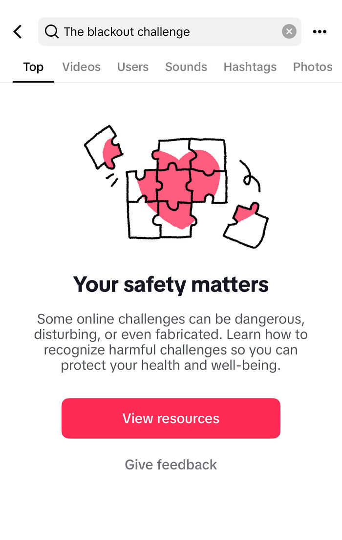 TikTok warning message about dangerous challenges with a broken puzzle heart illustration and safety advice.