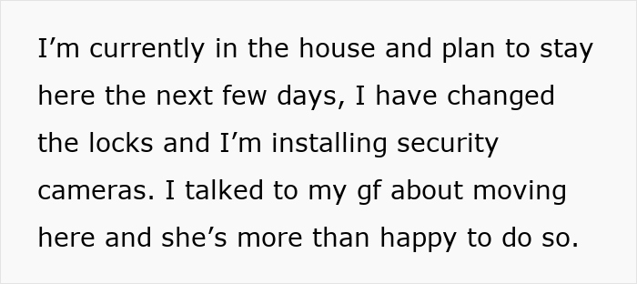 Text message showing a father locking his house, planning to stay and install security cameras amid a family conflict.