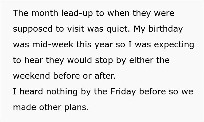 Text excerpt showing a woman reflecting on a quiet lead-up to a visit and making other plans after no news from dad.