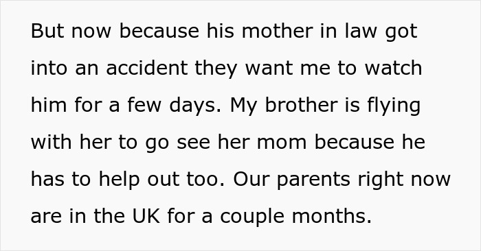 Text excerpt discussing family drama where a bio dad refuses babysit responsibilities after mother-in-law's accident.