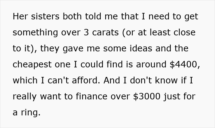 Text about sisters advising on a girlfriend’s proposal ring size and the challenge of affording a small ring over $3000. Text about sisters advising on a girlfriend’s proposal ring size and the challenge of affording a small ring over $3000.