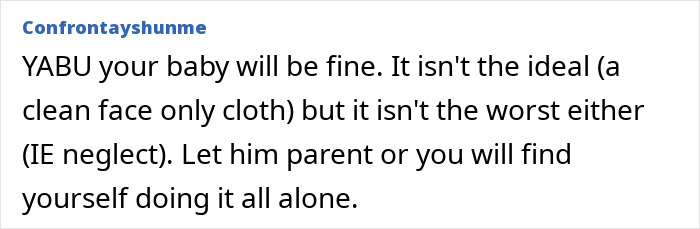 Husband carries infant by the arms and wipes face with dishrags, unaware of wife's concerns about his parenting style.