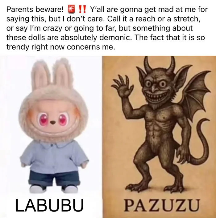 Hilarious Labubu doll meme comparing the doll to a demonic creature, sparking viral online reactions and jokes.