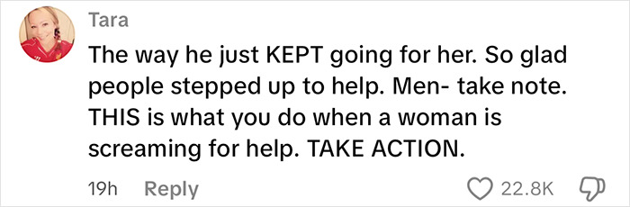 ALT text: Comment praising men who deliver vigilante justice after brute attacked woman on subway platform, urging action.