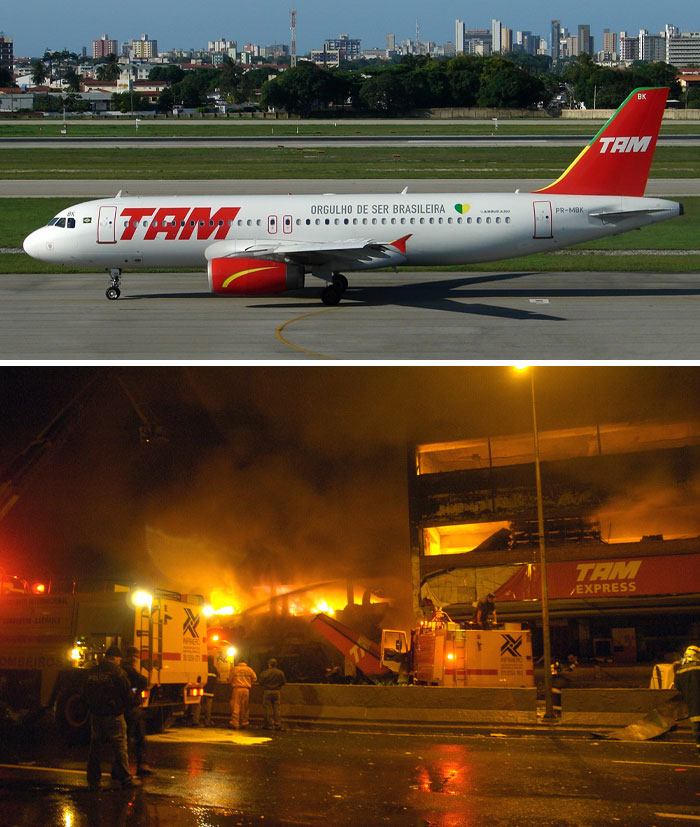TAM airplane on runway and emergency responders at night during a plane crash fire scene with smoke and flames visible.