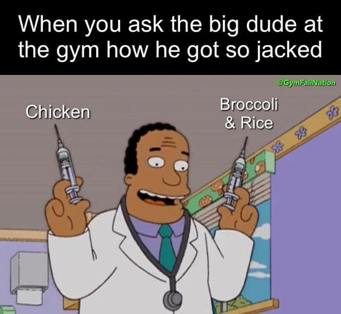 Cartoon doctor holding syringes labeled chicken and broccoli & rice, a gym meme about getting jacked with funny gym memes.