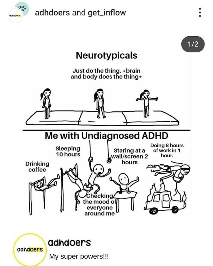 Comic comparing neurotypicals with undiagnosed ADHD showing different behaviors relatable to neurodivergents.
