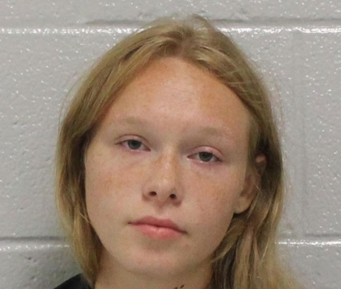 Teen girl with long blonde hair and neutral expression in front of gray wall in a mugshot style image.