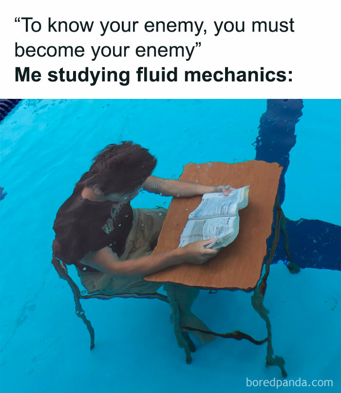 Person sitting underwater at a desk reading a book, illustrating funny memes that explain science concepts like fluid mechanics.