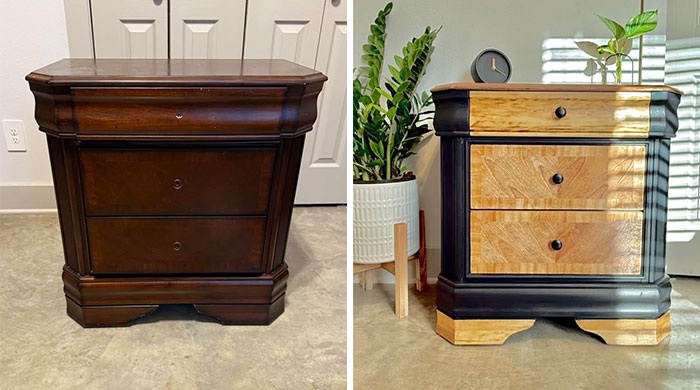 Before and after furniture flipping transformation of a wooden nightstand by furniture flipping pros with stylish paint and finish.