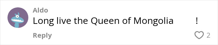 Comment text on a social media post reading Long live the Queen of Mongolia with a cartoon avatar and two likes.