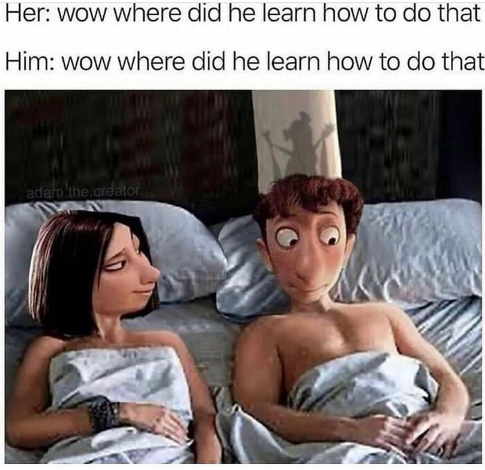 Animated couple in bed with confused expressions, illustrating weird and unhinged humor in a meme format.