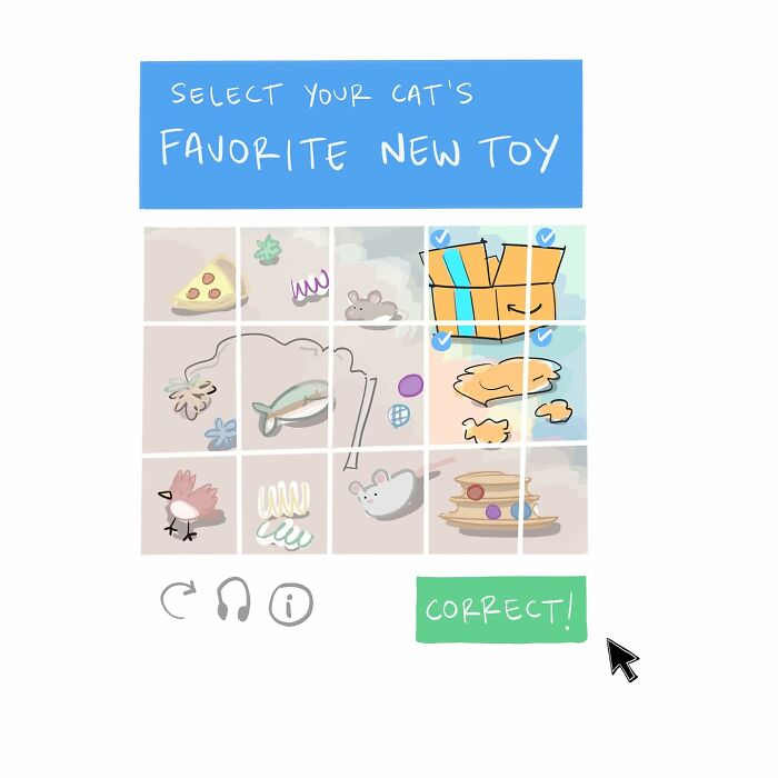 Hand-drawn comic showing a checkbox labeled Im not a robot with a submit button and cursor pointer.