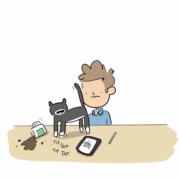 Cartoon of a person smiling at a table with a mug and a tablet showing a funny comics drawing.