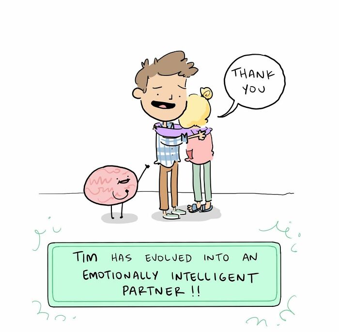 Cartoon of a man holding a smiling brain character with a balloon, illustrating funny comics about arguing with your brain.