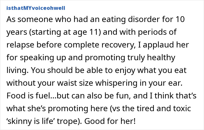 User comment praising Ilona Maher's response to Kate Moss&rsquo; skinny quote, applauding healthy living and recovery.